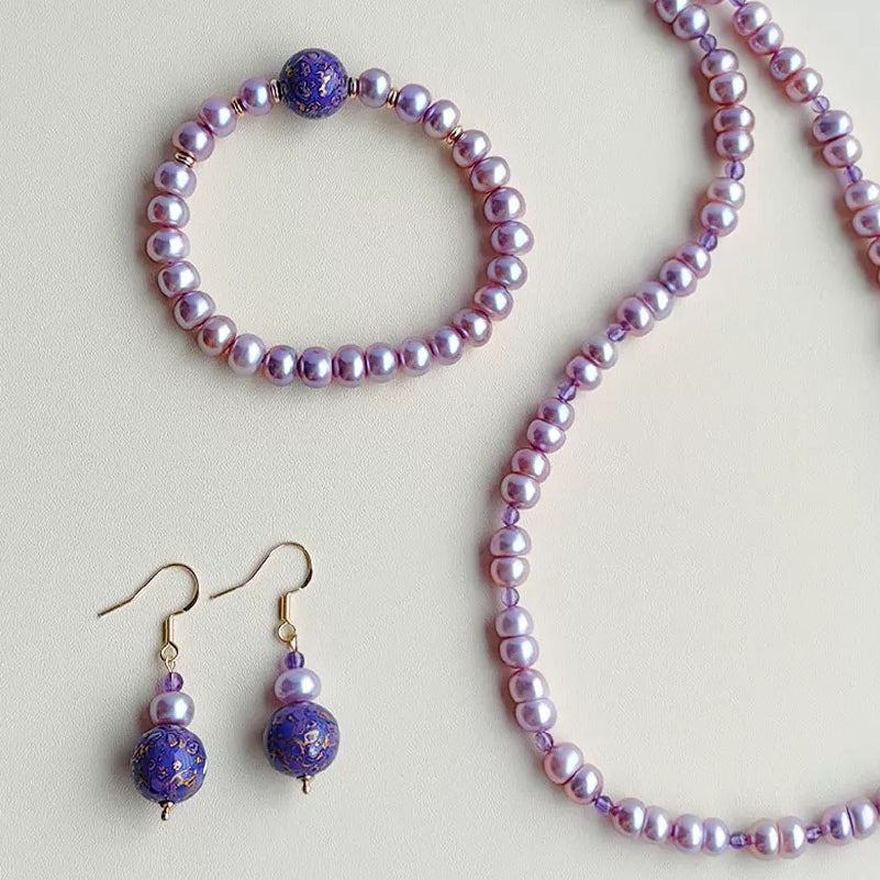 Natural Lacquerware Pearl 24K Gold Jewelry Set