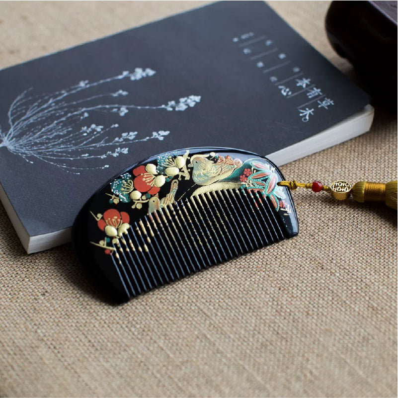 Hand-Painted Lacquer Hair Comb with Plum Blossom & Magpie Design
