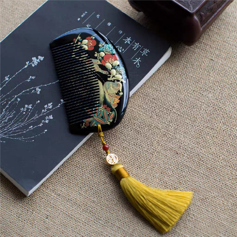 Hand-Painted Lacquer Hair Comb with Plum Blossom & Magpie Design