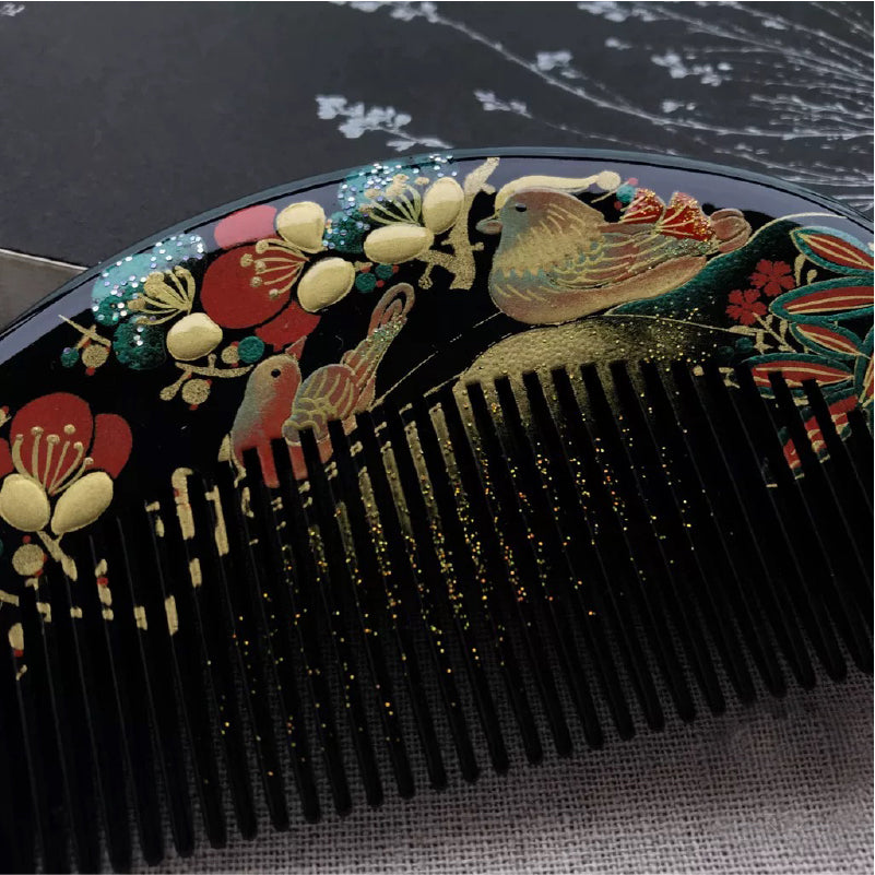 Hand-Painted Lacquer Hair Comb with Plum Blossom & Magpie Design
