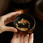 Master He Fusen Gilt Lacquer Tea Cup | Handcrafted Koi Fish Design 140ml