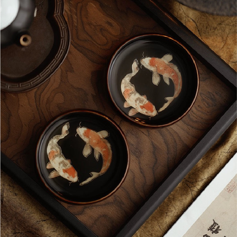 Master He Fusen Gilt Lacquer Tea Cup | Handcrafted Koi Fish Design 140ml