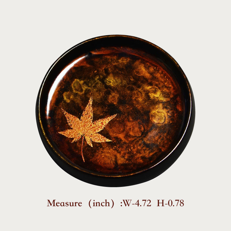 Handcrafted Black Lacquerware Tea Tray with Real Maple Leaf - Xipi Technique
