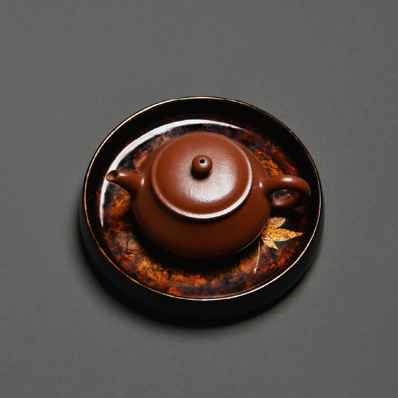 Handcrafted Black Lacquerware Tea Tray with Real Maple Leaf - Xipi Technique