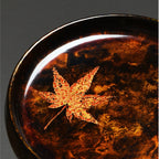 Handcrafted Black Lacquerware Tea Tray with Real Maple Leaf - Xipi Technique