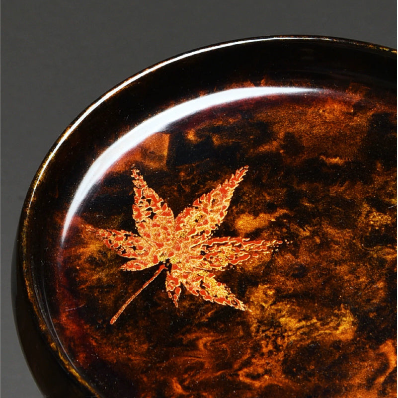 Handcrafted Black Lacquerware Tea Tray with Real Maple Leaf - Xipi Technique