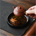 Handcrafted Black Lacquerware Tea Tray with Real Maple Leaf - Xipi Technique
