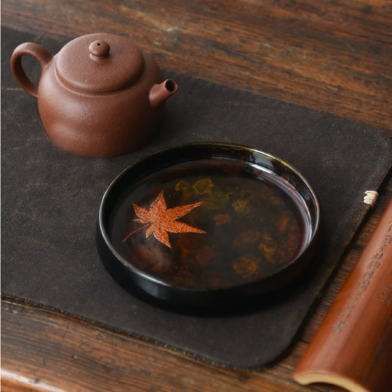 Handcrafted Black Lacquerware Tea Tray with Real Maple Leaf - Xipi Technique