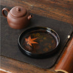 Handcrafted Black Lacquerware Tea Tray with Real Maple Leaf - Xipi Technique