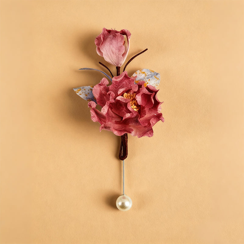 Handmade Ronghua Deep Rose Peony Brooch