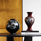 Black Lacquerware Vase | Crane & Pine Mother of Pearl Inlay