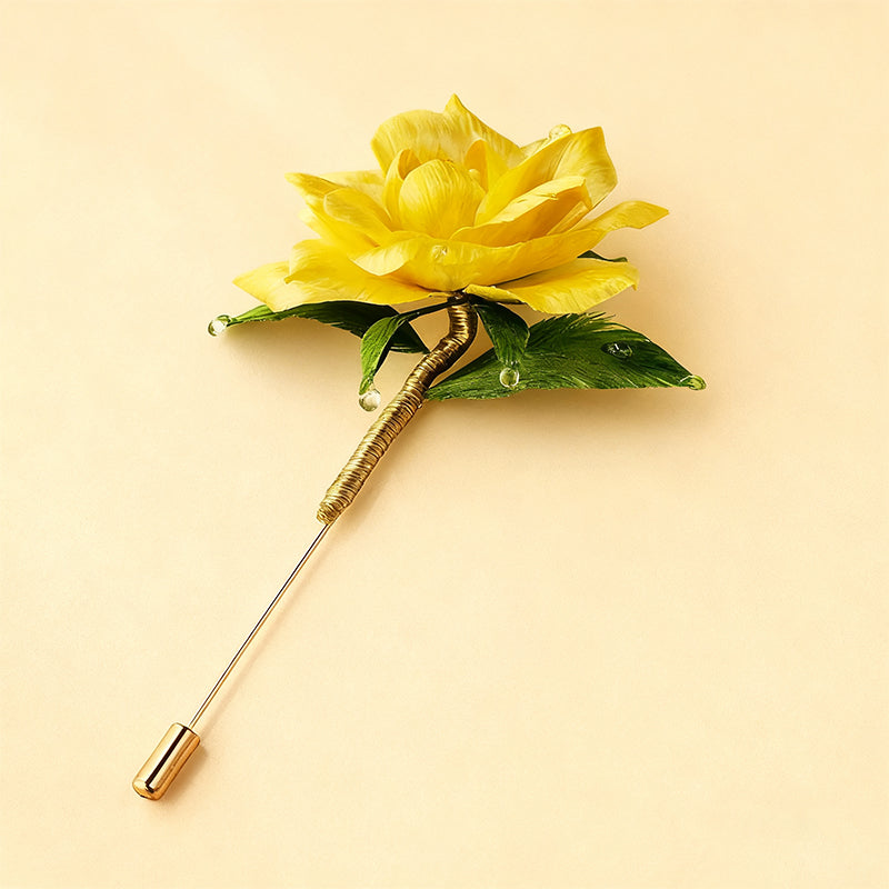 Handmade Silk Ronghua Yellow Rose Brooch | Chinese Traditional Craft Floral Pin