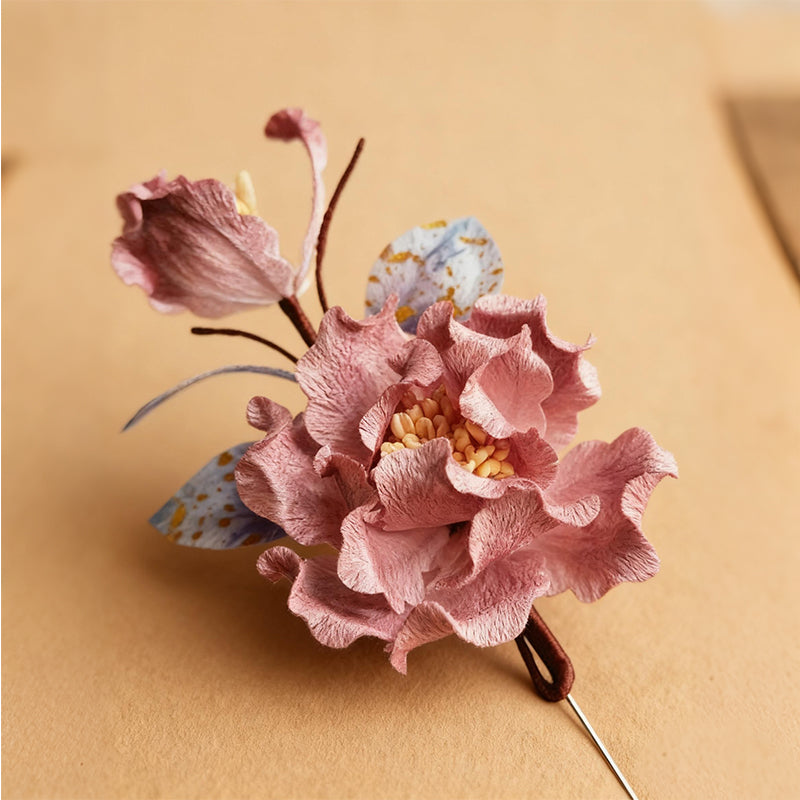 Handmade Ronghua Deep Rose Peony Brooch