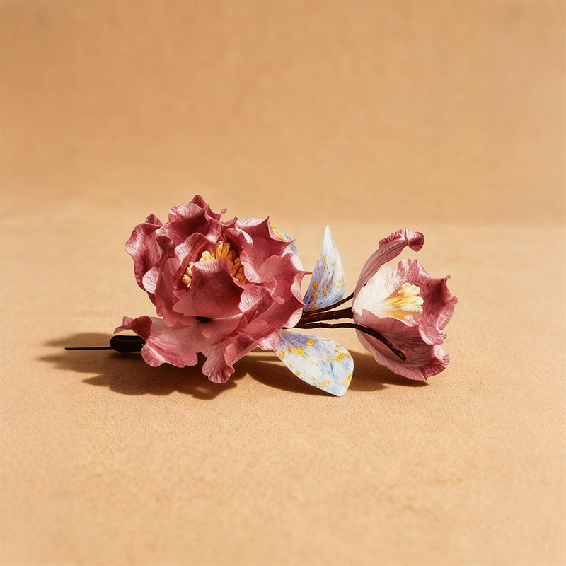 Handmade Ronghua Deep Rose Peony Brooch