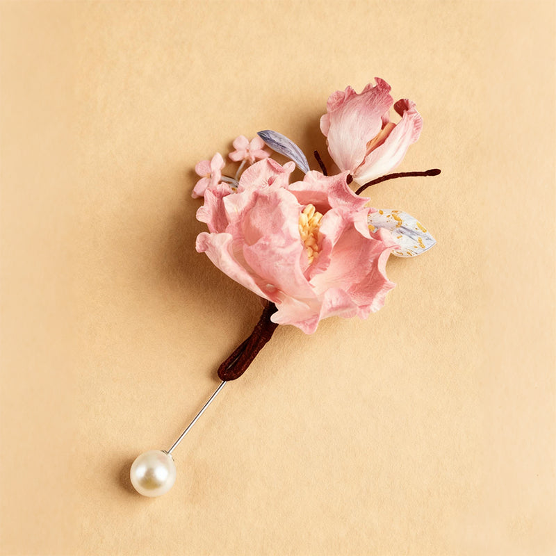 Handmade Ronghua Deep Rose Peony Brooch